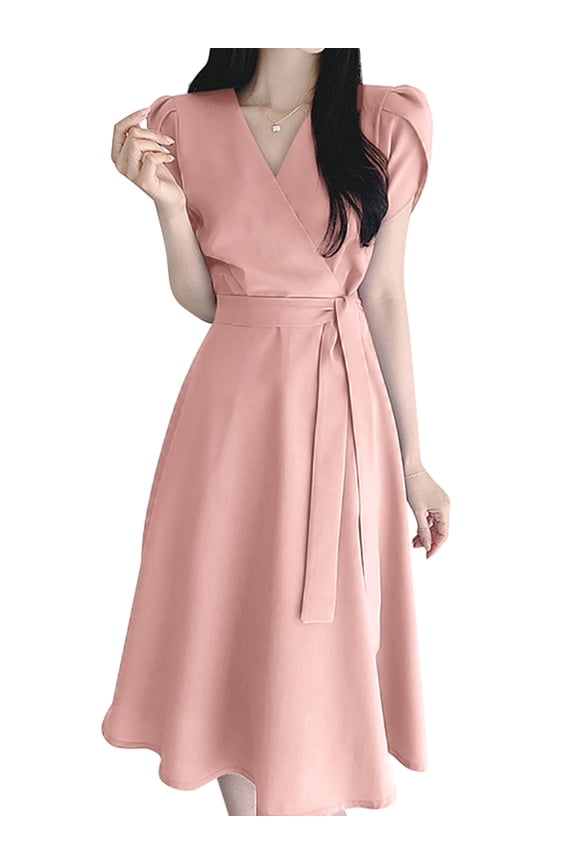 Polyester Short Sleeve V-Neck With Back Zipper Mid-Calf Length Dresses Womens
