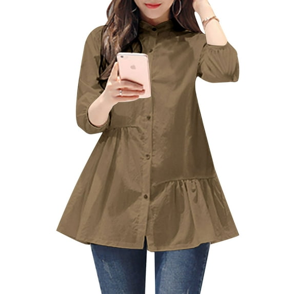 ZANZEA Polyester Three Quarter Sleeves Buttons Patchwork Solid Shirts Womens S-5XL