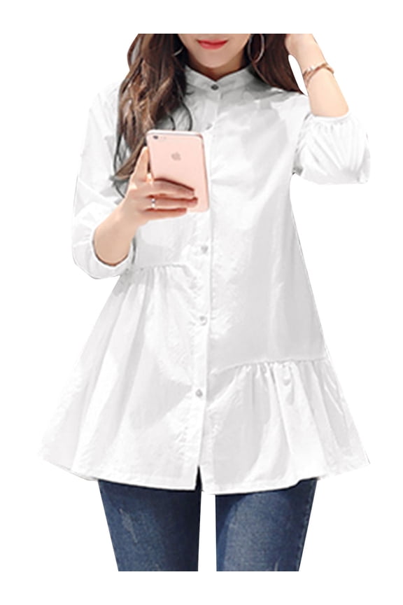 Polyester Three Quarter Sleeves Buttons Patchwork Solid Shirts Womens S-5XL