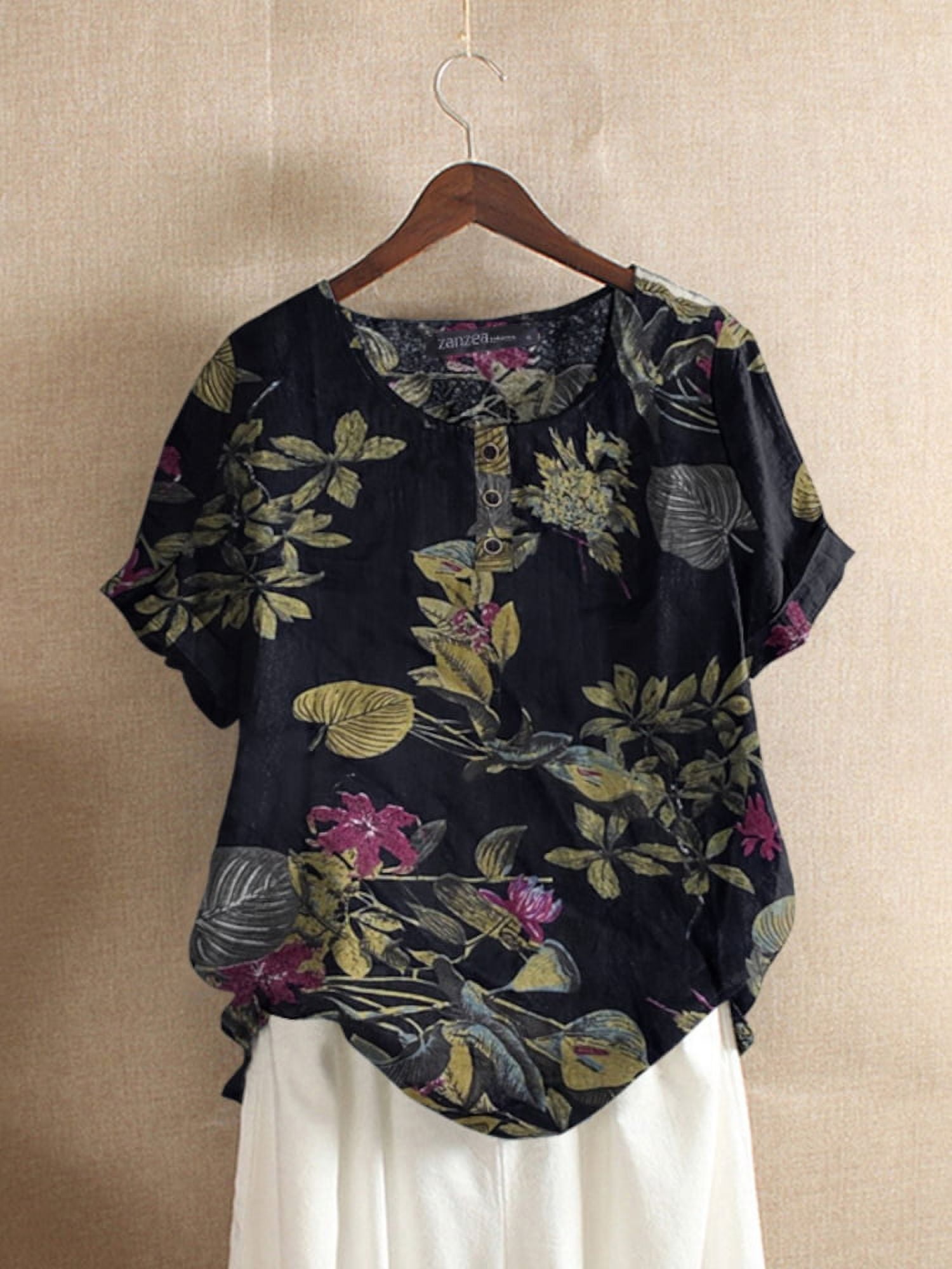 ZANZEA Woman Holiday Floral Printed Short Sleeve Crew Neck Top