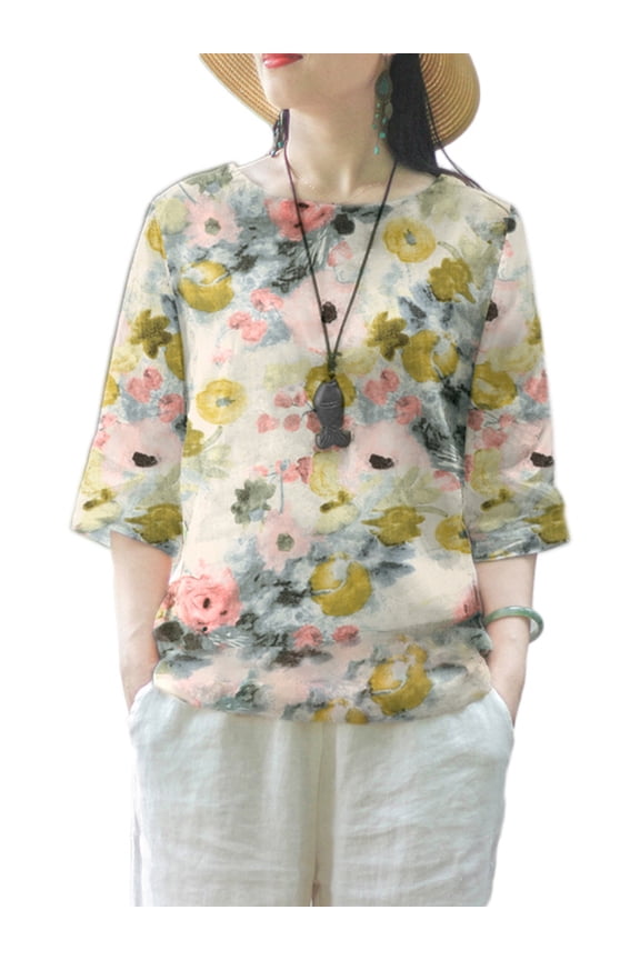 Women 3/4 Sleeve Blouse Floral Print Crewneck Cotton Linen Casual Shirt Tops