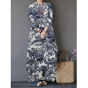 ZANZEA Women 3/4 Sleeve Vintage Floral Print Casual Kaftan Maxi Dress