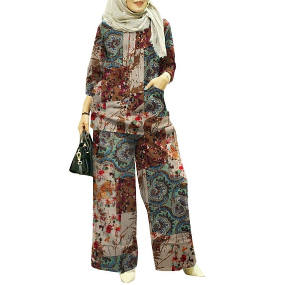 ZANZEA Women 3/4 Sleeved Button Down Front Blouses Muslim Side Pockets Pants Sets