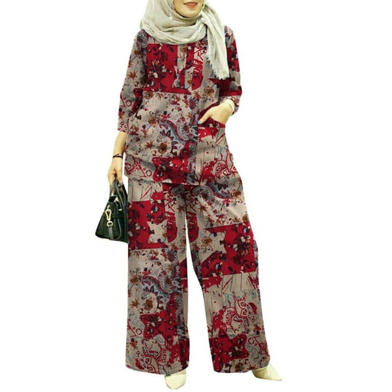 ZANZEA Women 3/4 Sleeved Button Down Front Blouses Muslim Side Pockets Pants Sets