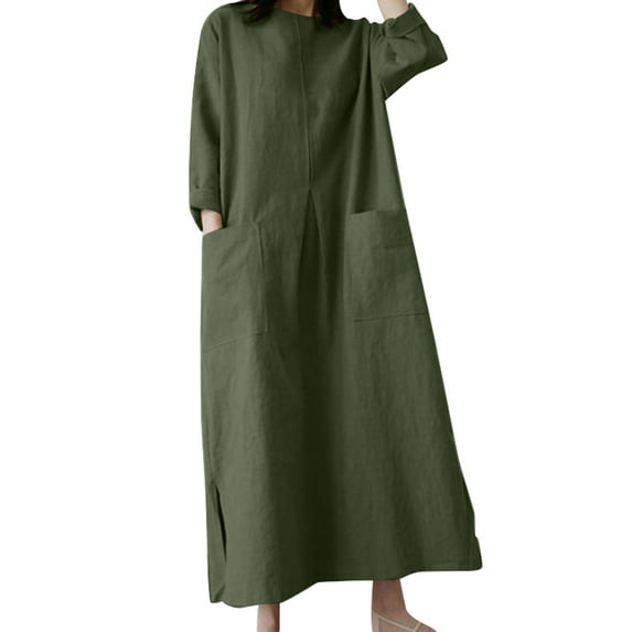 ZANZEA Women 3/4 Sleeved O-Neck Solid Colors Maxi Dress Baggy Kaftan Dresses
