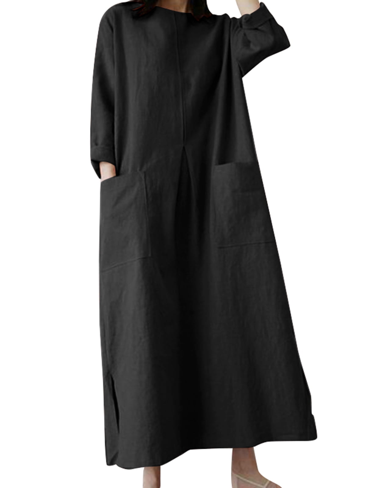 Women 3/4 Sleeved O-Neck Solid Colors Maxi Dress Baggy Kaftan Dresses