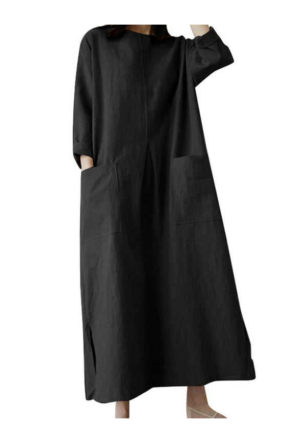 Women 3/4 Sleeved O-Neck Solid Colors Maxi Dress Baggy Kaftan Dresses