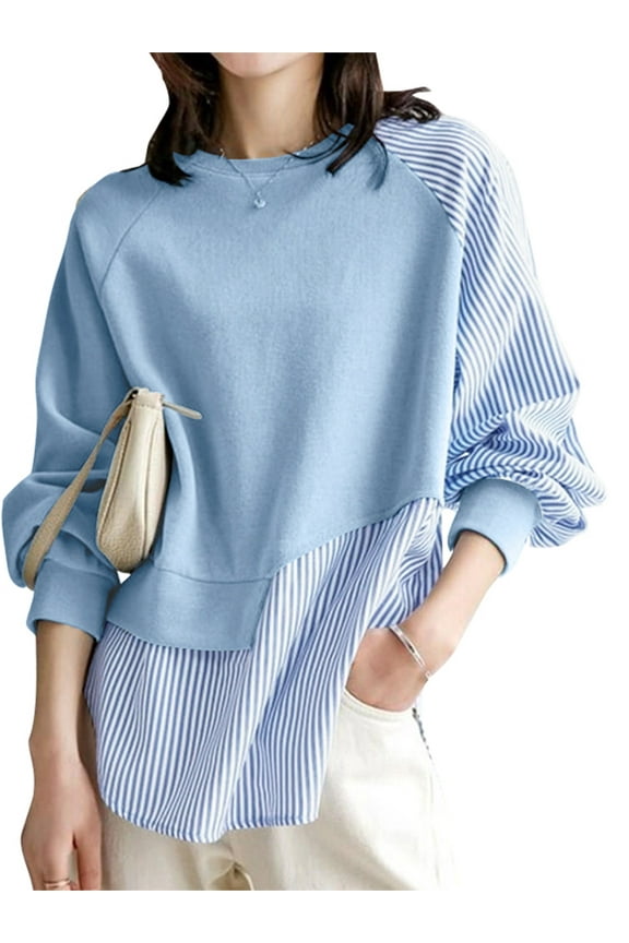 Women Blouse O-Neck Striped Patchwork Casual Daily Street Shirt Tops