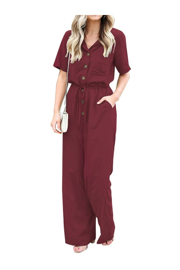 Women Button Down Dungaree Jumpsuit Wide Legs Romper Playsuit Overalls