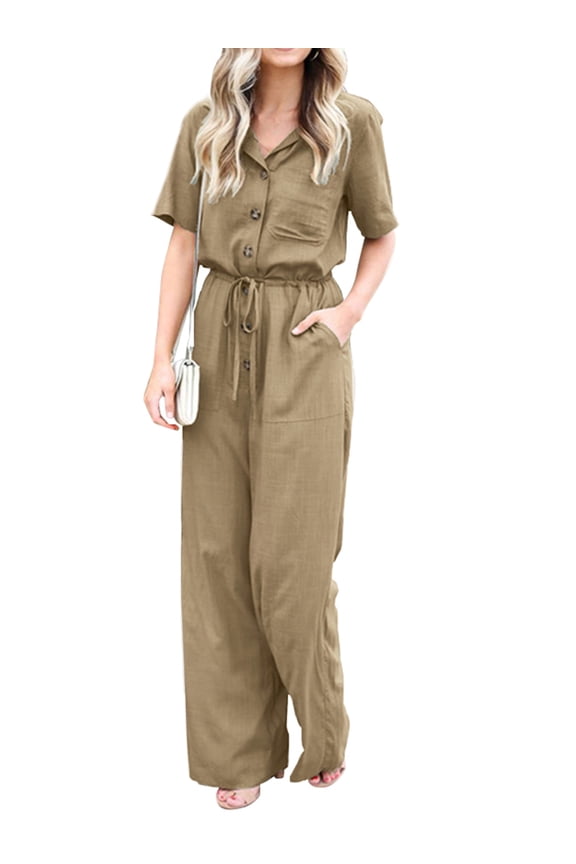 Women Button Down Dungaree Jumpsuit Wide Legs Romper Playsuit Overalls