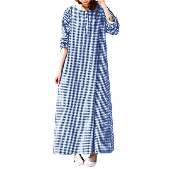 ZANZEA Women Button-Front Full Length Kaftan Vintage Plaid Long Maxi Dress