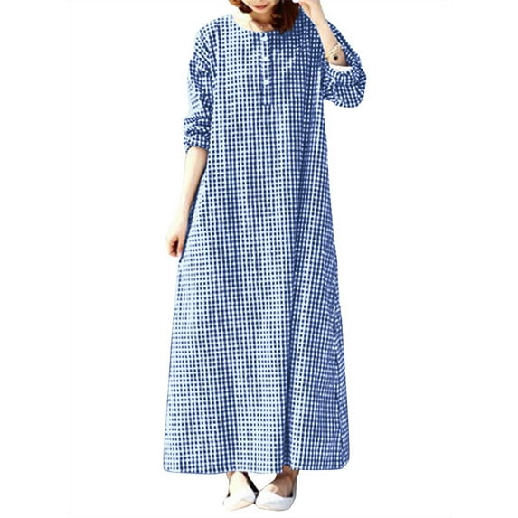 ZANZEA Women Button-Front Full Length Kaftan Vintage Plaid Long Maxi Dress