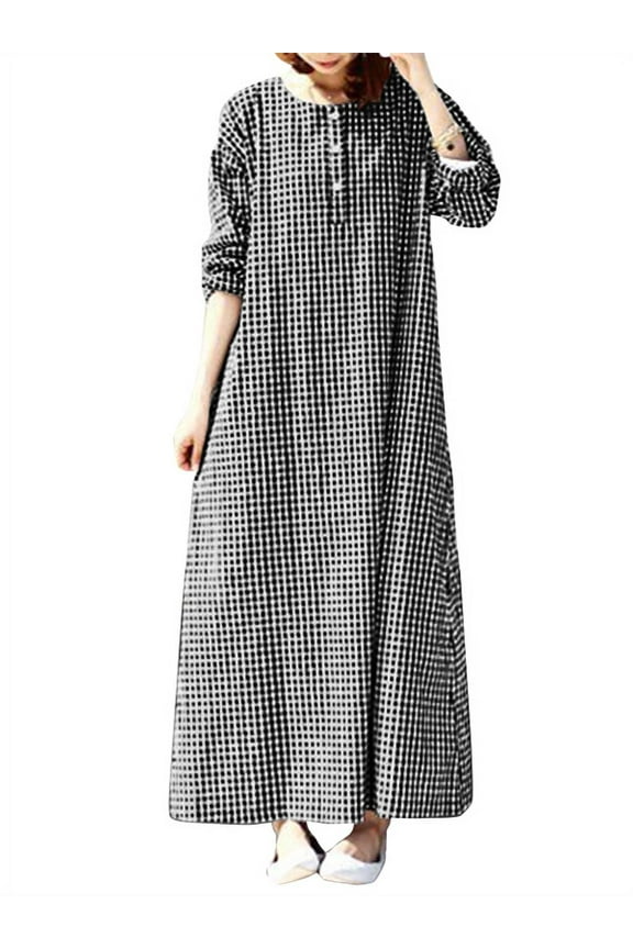 Women Button-Front Full Length Kaftan Vintage Plaid Long Maxi Dress