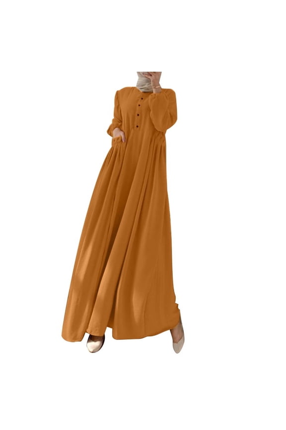 Women Buttons Full Sleeve Solid Color A-Line Sundress Muslim Abaya Casual Kaftan Swing Long Dress