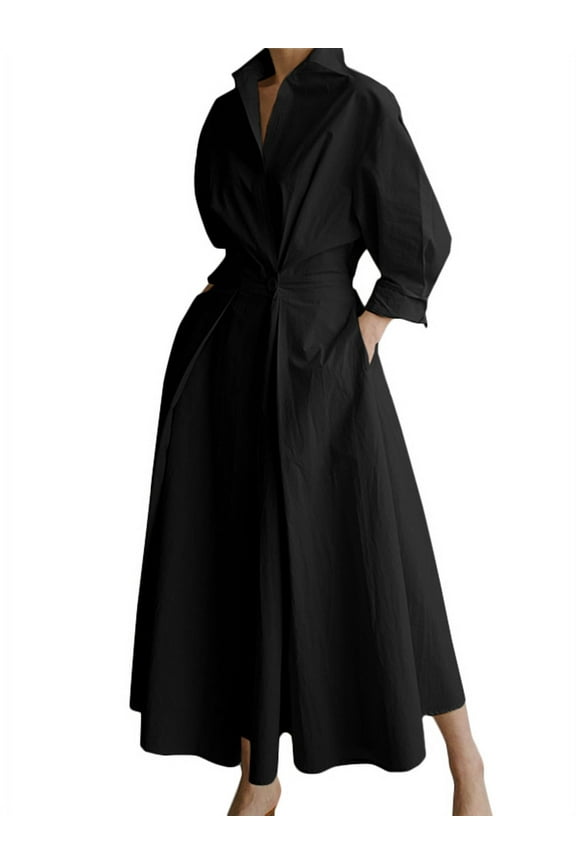 Women Buttons Long Sleeve Dress High Waist Casual Long Shirt Dress