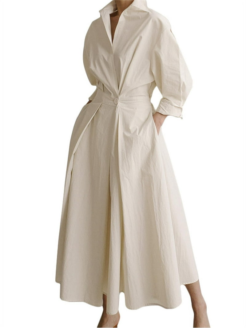 zanzea cotton dresses Zanzea Women Buttons Long Sleeve Dress High Waist Casual Long Shirt Dress, Women's, Size: Large, Beige