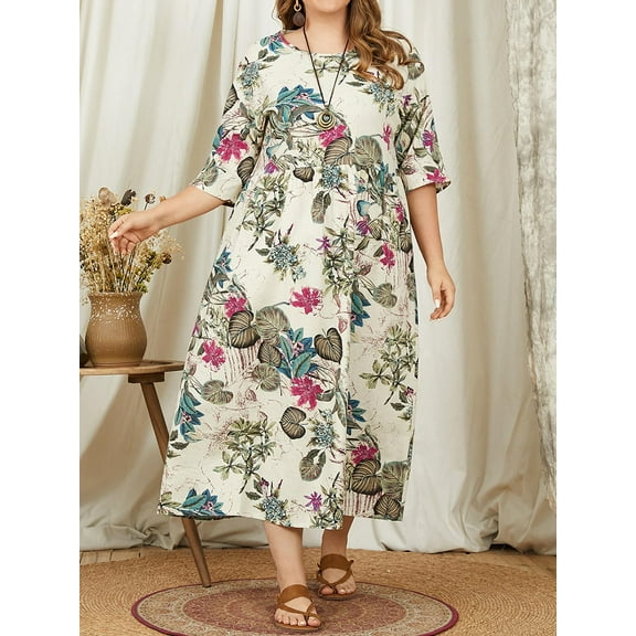 ZANZEA Women Casual 3/4 Sleeve Floral Printed Holiday Bohemian Dress FZH