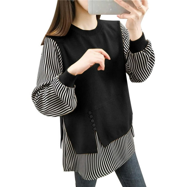 Casual Striped Patchwork O Neck Tops Casual Striped Patchwork O Neck Tops