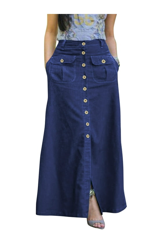 Women Casual Denim A-Line Contrast Slit Skirt with Patch Pockets