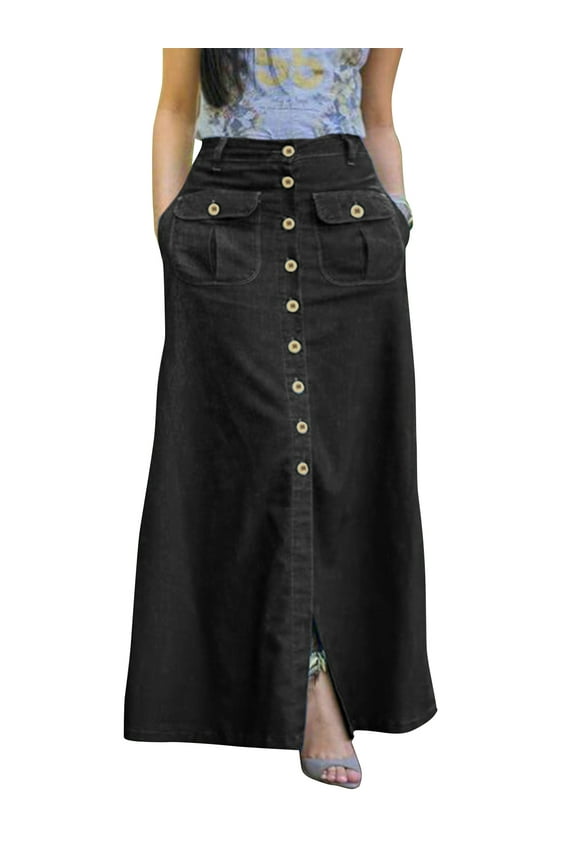 Women Casual Denim A-Line Contrast Slit Skirt with Patch Pockets
