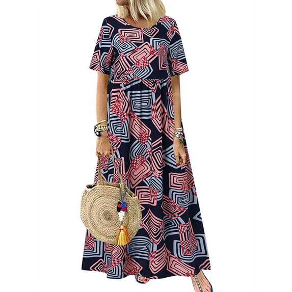 ZANZEA Women Casual Long Dress Short Sleeve O-Neck Geometric Printed Maxi Sundress