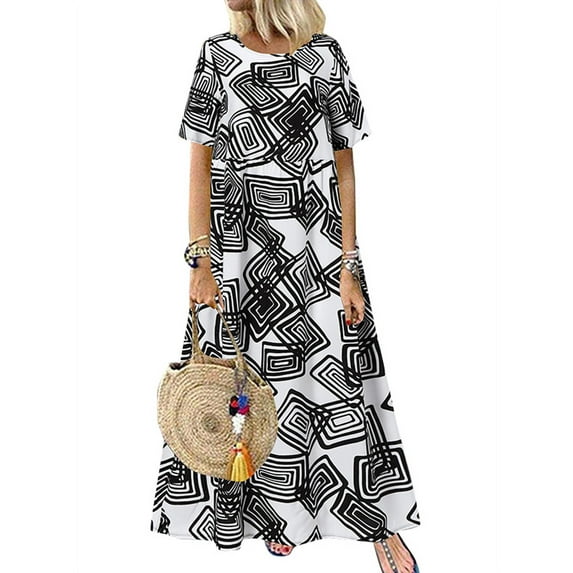 ZANZEA Women Casual Long Dress Short Sleeve O-Neck Geometric Printed Maxi Sundress