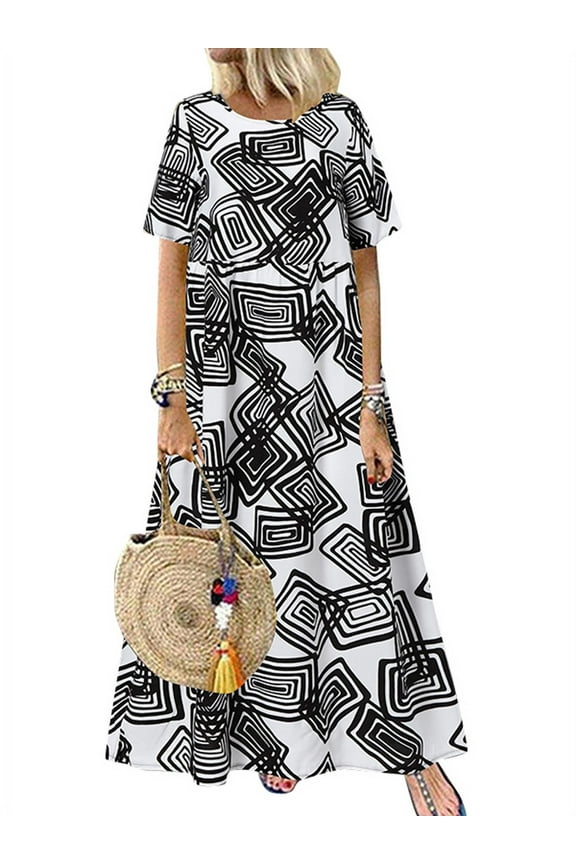 Women Casual Long Dress Short Sleeve O-Neck Geometric Printed Maxi Sundress