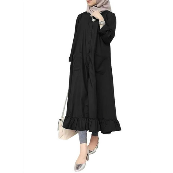ZANZEA Women Casual Long Sleeve Button Down Frilled Hem Muslim Dress