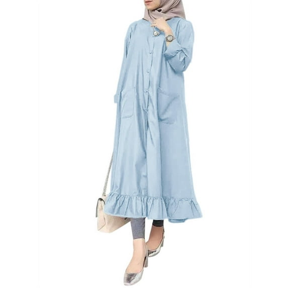 ZANZEA Women Casual Long Sleeve Button Down Frilled Hem Muslim Dress