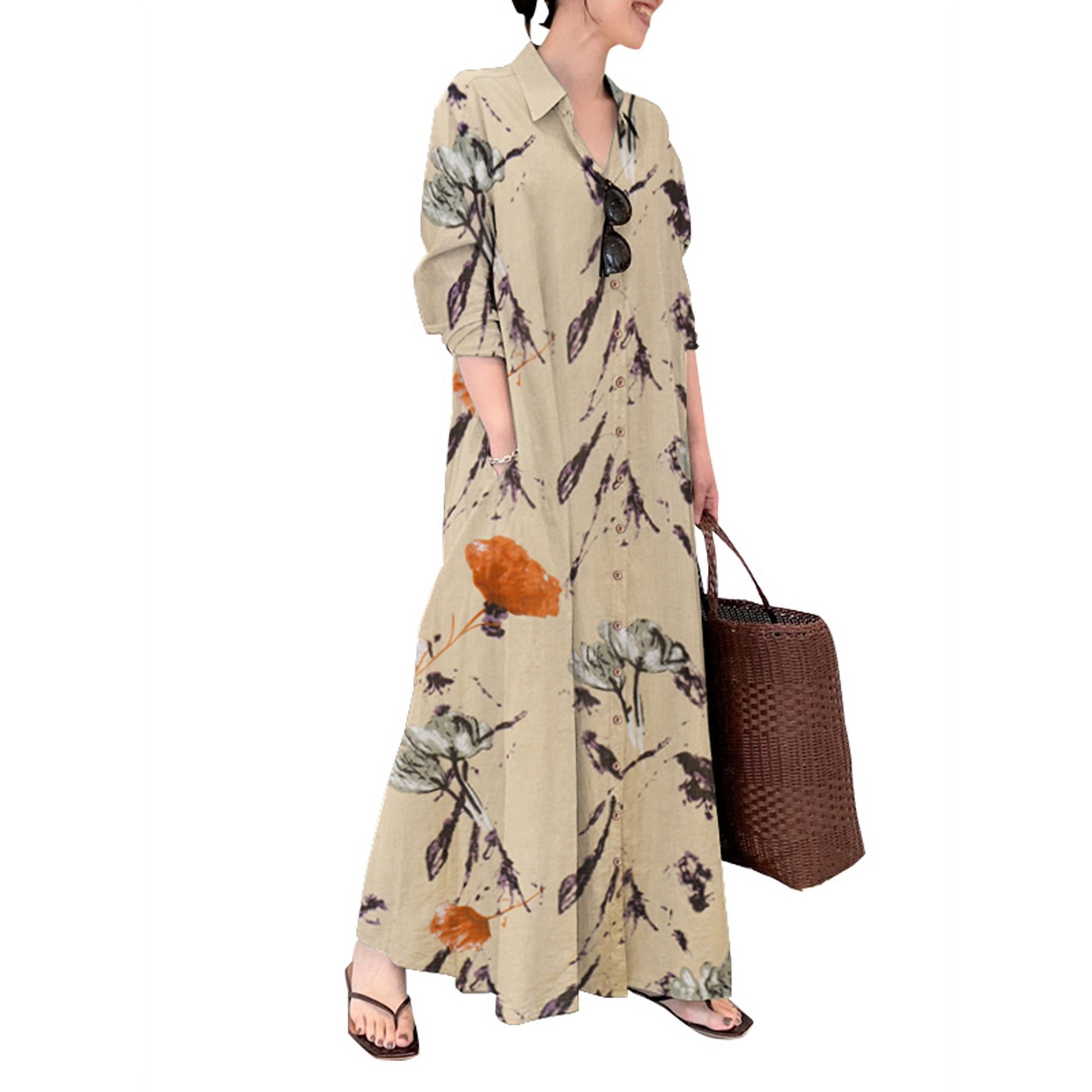 ZANZEA Women Casual Long Sleeve Floral Print Shirt Dress Button Down Maxi  Blouse Dress - Walmart.com