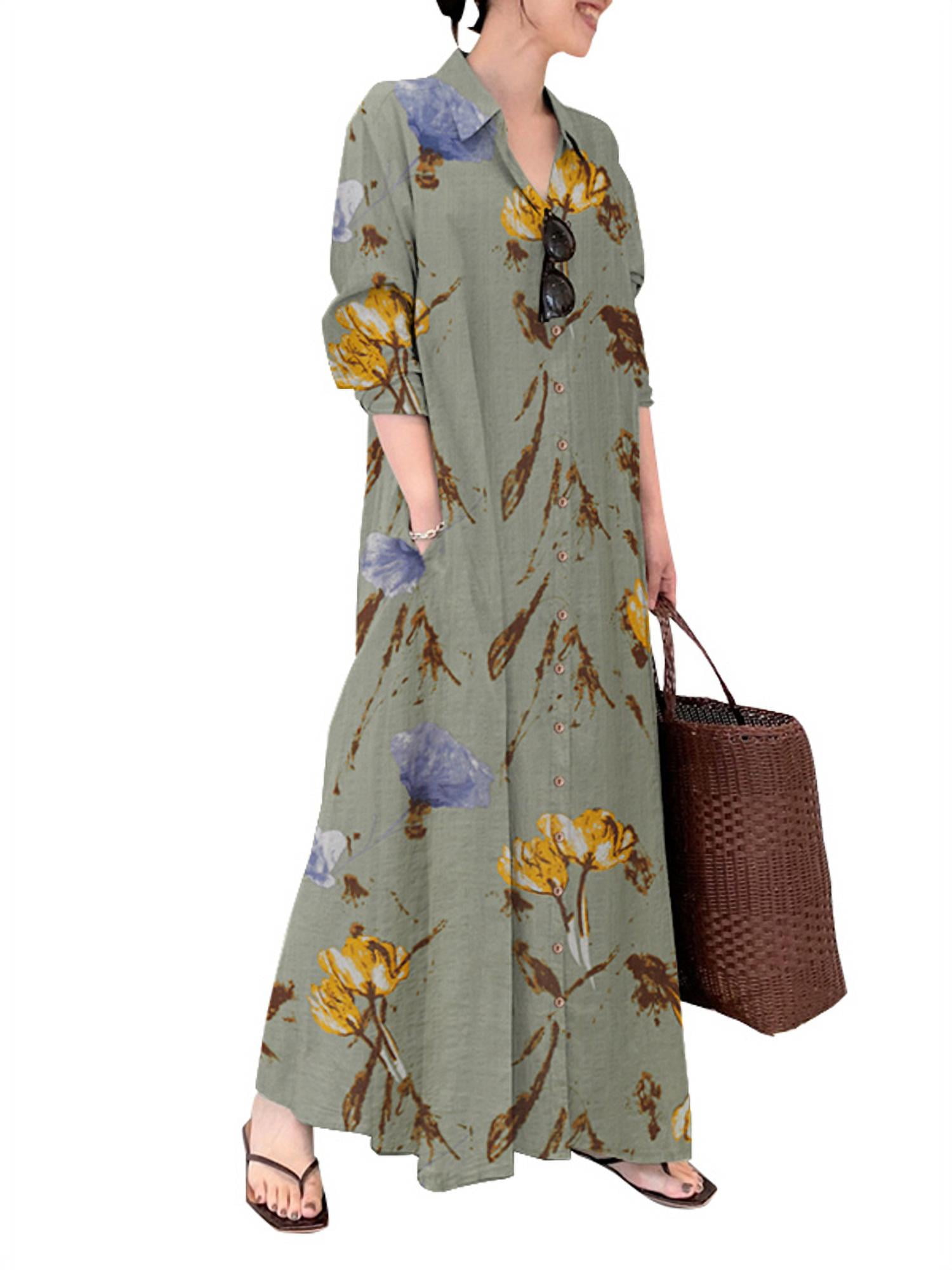 ZANZEA Women's Bohemian Floral Print Maxi Dress with Long Sleeves