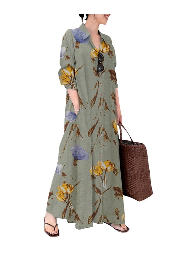 ZANZEA Women Casual Long Sleeve Floral Print Shirt Dress Button Down Maxi Blouse Dress