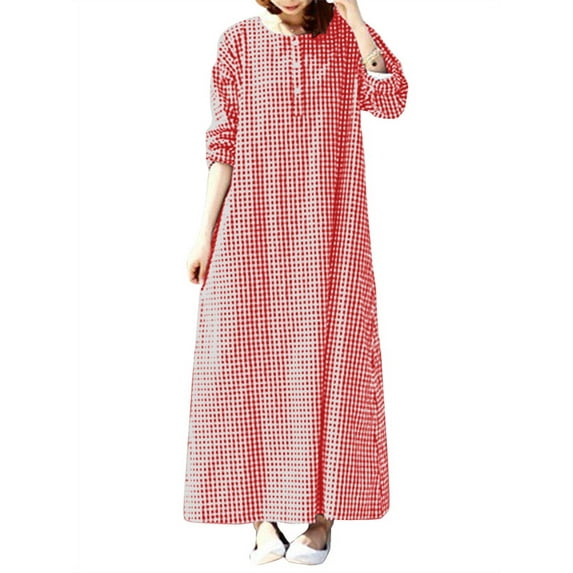 ZANZEA Women Casual Long Sleeve Plaid Dress Relaxed Fit Maxi Dresses