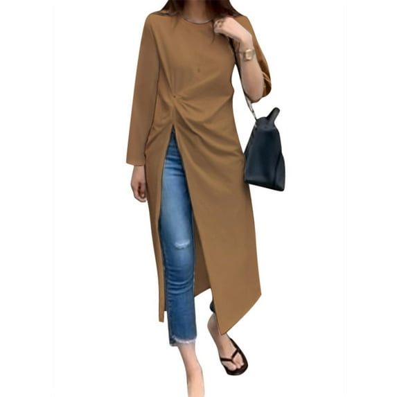 ZANZEA Women Casual O-Neck Long Sleeve High Side Fork Long T-shirts