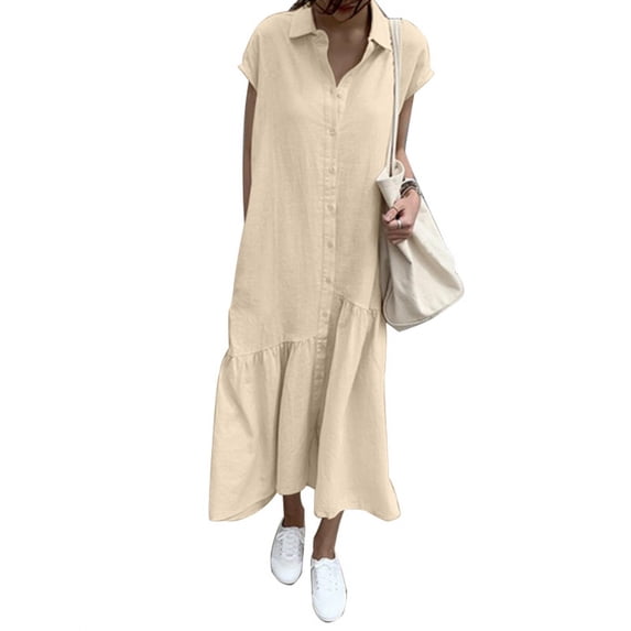 ZANZEA Women Casual Short Sleeve Ruffles Collared Button Down Maxi Dress