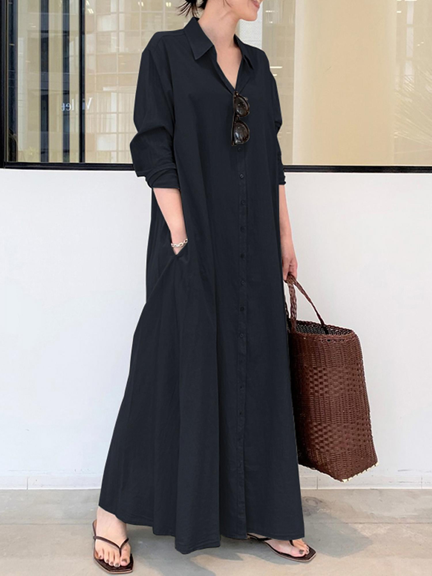 Women Casual Solid Button Down Long Sleeve Split Hem Maxi Dress