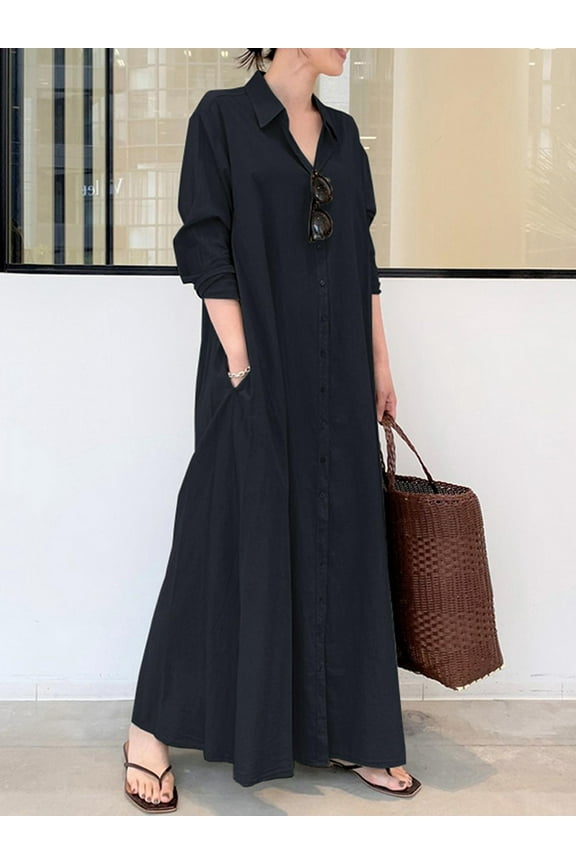 Women Casual Solid Button Down Long Sleeve Split Hem Maxi Dress