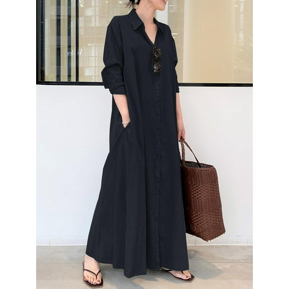 ZANZEA Women Casual Solid Button Down Long Sleeve Split Hem Maxi Dress