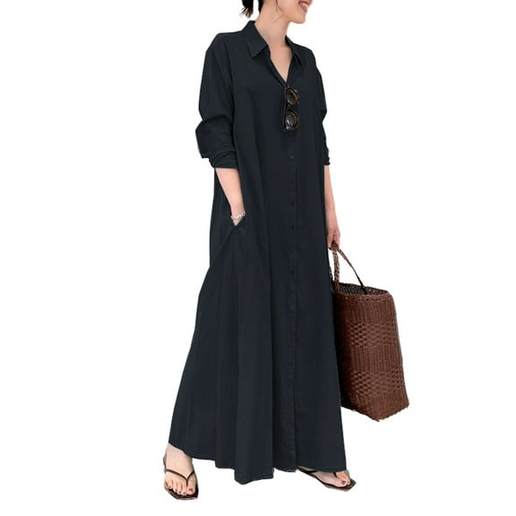 ZANZEA Women Casual Solid Button Down Long Sleeve Split Hem Maxi Dress
