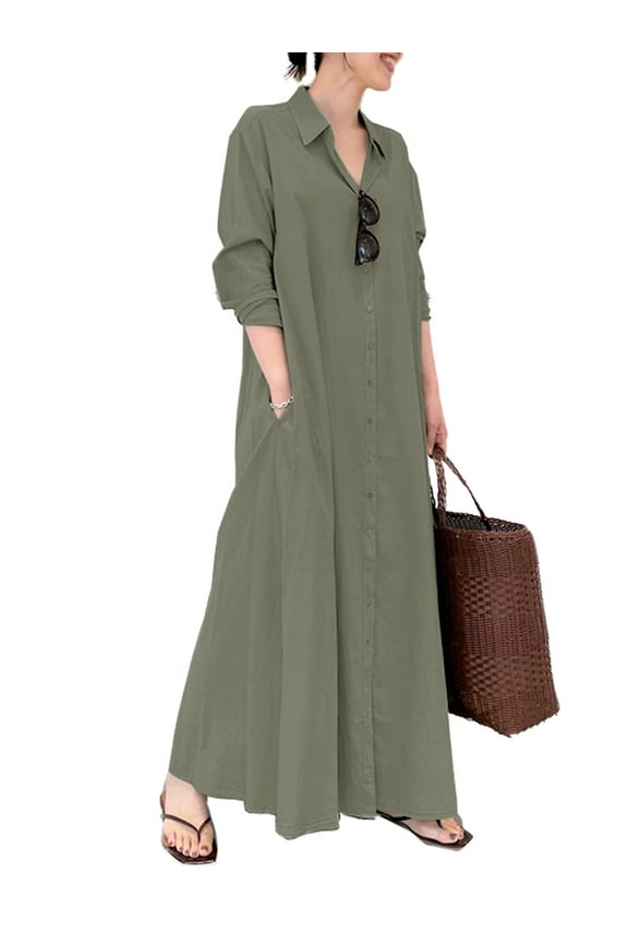 Women Casual Solid Button Down Long Sleeve Split Hem Maxi Dress