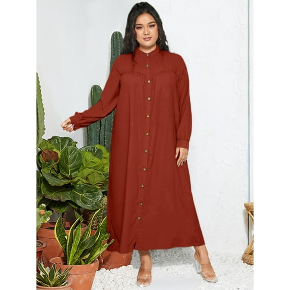 ZANZEA Women Casual Solid Lantern Sleeve Buttons Muslim Maxi Dress FZH