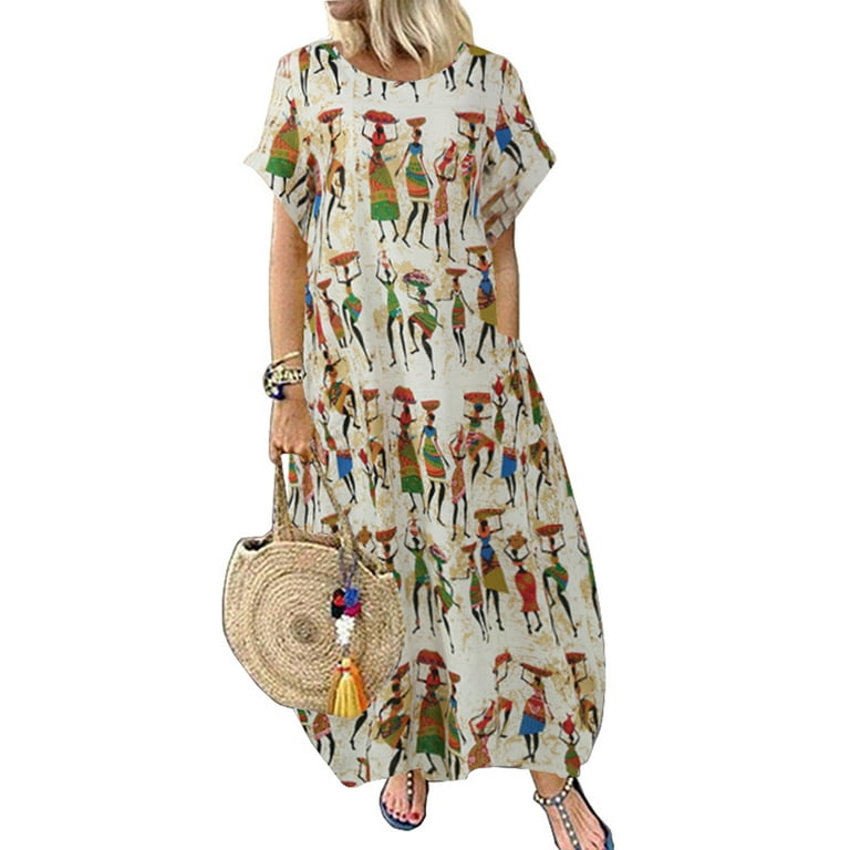 ZANZEA Women Casual Vintage Round Neck Print Loose Long Dress