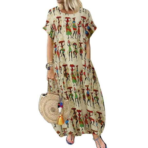 ZANZEA Women Casual Vintage Round Neck Print Loose Long Dress