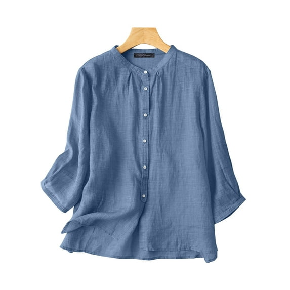 ZANZEA Women Cotton Linen Button Blouse Summer O-Neck Half Sleeve Solid Shirts