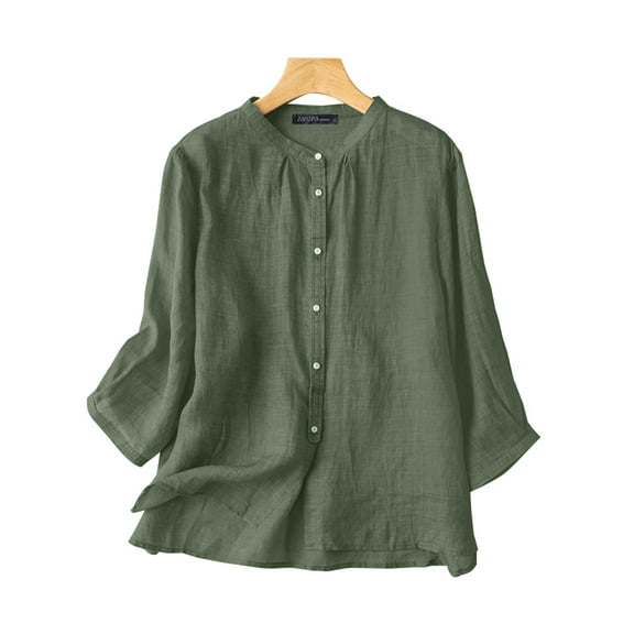 ZANZEA Women Cotton Linen Button Blouse Summer O-Neck Half Sleeve Solid Shirts