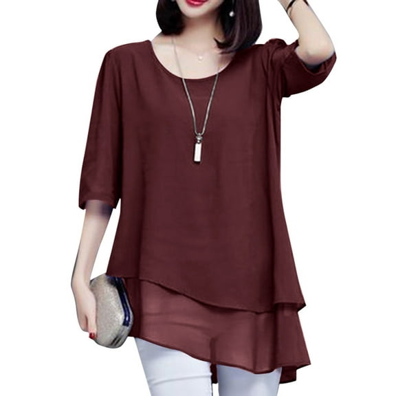 ZANZEA Women Crew Neck 3/4 Sleeve Blouse Double Layer Tops Shirts