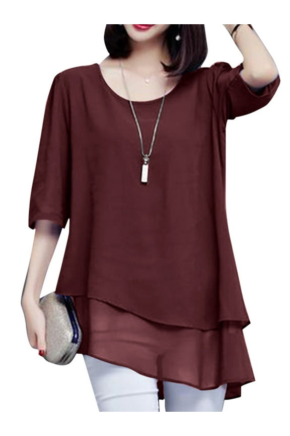 Women Crew Neck 3/4 Sleeve Blouse Double Layer Tops Shirts