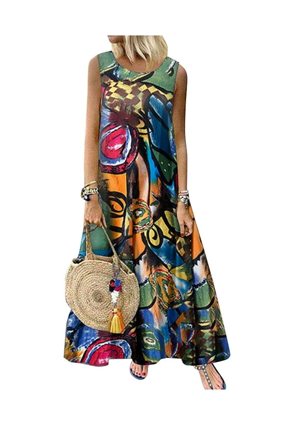 Women Crew Neck Sleeveless Graffiti Printed Casual Maxi Dress