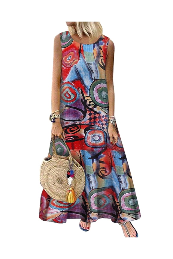 Women Crew Neck Sleeveless Graffiti Printed Casual Maxi Dress