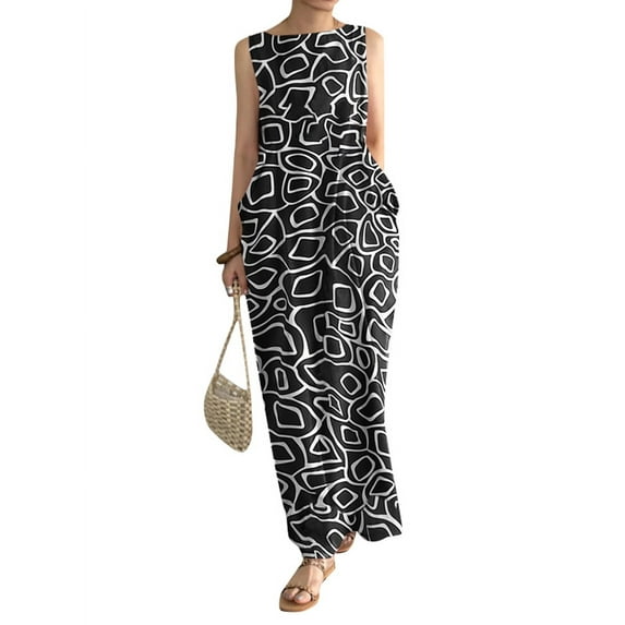 ZANZEA Women Crew Neck Sleeveless Print Long Dress With Pockets